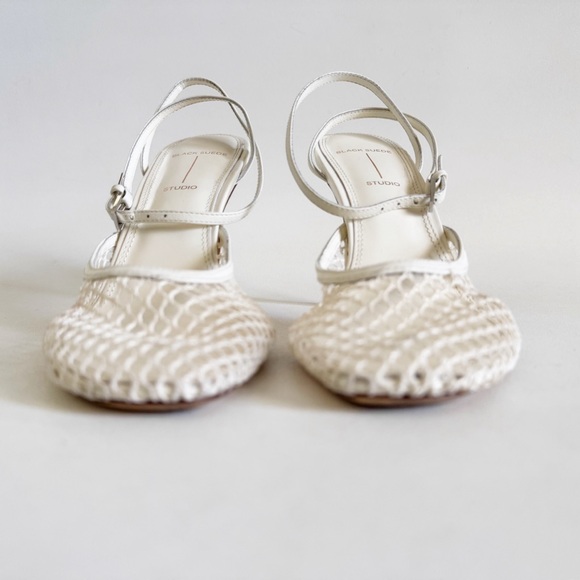 Black Suede Studio Millie 100 Mesh Heels 8.5 Ivory Crochet European Resort Chic - Picture 9 of 15